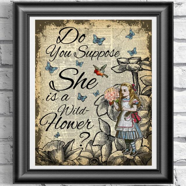 Alice in Wonderland Book Page Print, Blue Teapots Print, Mad People Poster Wall Decor, Dictionary - image 1