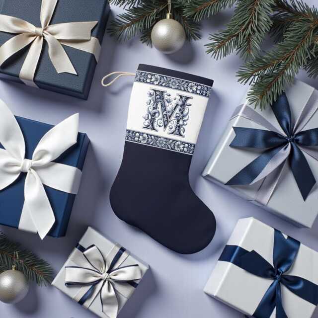 Santa Stocking, Delft Blue, Custom Initial, Holiday Decor, Christmas Home Decoration, Stocking For Kids, Initial M, M - image 1