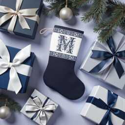 Santa Stocking, Delft Blue, Custom Initial, Holiday Decor, Christmas Home Decoration, Stocking For Kids, Initial M, M - thumbnail 1