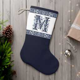 Santa Stocking, Delft Blue, Custom Initial, Holiday Decor, Christmas Home Decoration, Stocking For Kids, Initial M, M - thumbnail 2