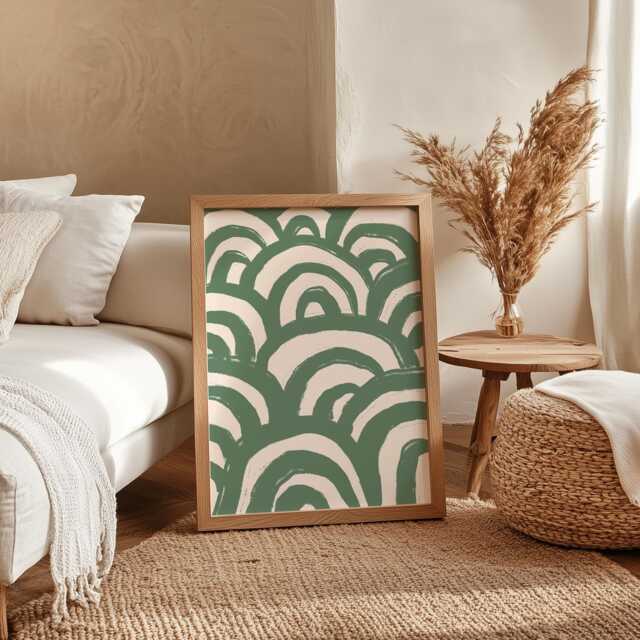 Green Waves Abstract Art - Sage Bedroom Prints, Muted Japandi Style Apartment Decor, Wall Ocean Themed - image 1