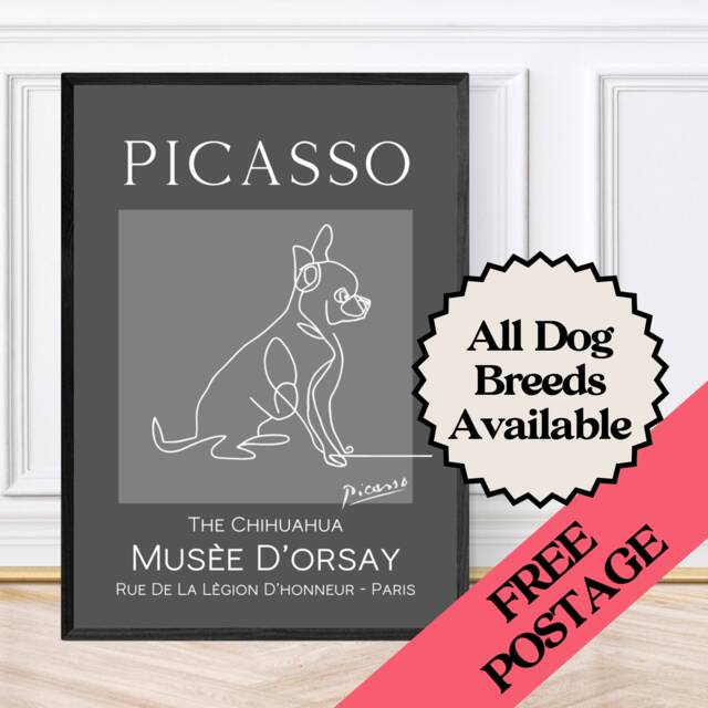 Picasso Style Chihuahua Line Drawing Wall Art Print, Framed Downloadable - image 1