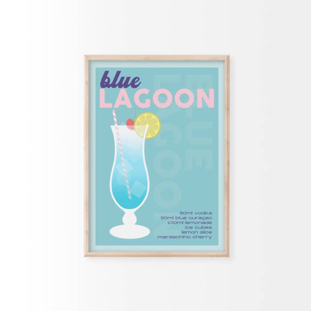 Blue Lagoon Cocktail Recipe Print - Bar Prints, Retro Print, Gifts, Cart, Eclectic Decor - image 1
