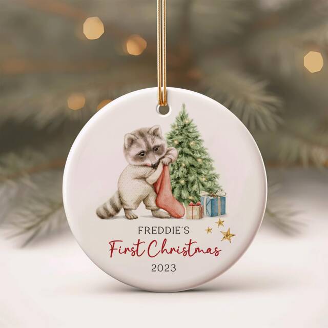 Personalised First Christmas Ornament - Baby's 1st Xmas New Baby Gift Cute Animal Design Racoon 1 - image 1