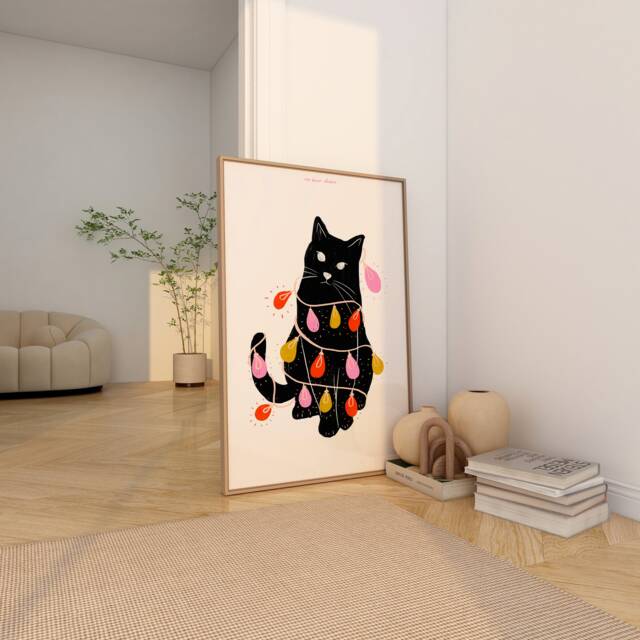 Cat Tanged in Christmas Lights Print, Funny Cat, Trendy Poster, Lover Illustration, Meowy Christmas, Modern Kitchen Wall Art - image 1