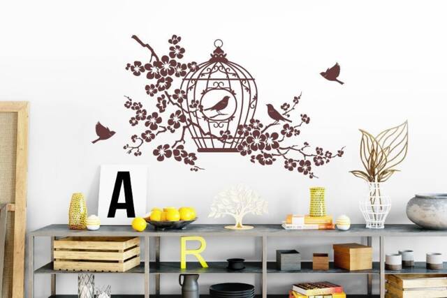 Wall Sticker Cage With Birds & Cherry Blossoms Wall Decoration Wallart Decal W408 - image 1