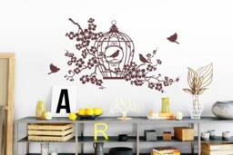 Wall Sticker Cage With Birds & Cherry Blossoms Wall Decoration Wallart Decal W408 - thumbnail 1