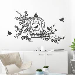 Wall Sticker Cage With Birds & Cherry Blossoms Wall Decoration Wallart Decal W408 - thumbnail 2