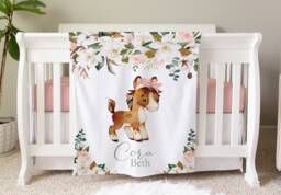 Horse Blanket, Personalized Baby Blanket Gift, Toddler Farm Animal Nursery Decor, Birthday Theme