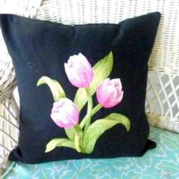 Embroidered Pink Tulip Pillow Cover Black Canvas Or Linen, Handmade - thumbnail 3