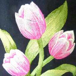 Embroidered Pink Tulip Pillow Cover Black Canvas Or Linen, Handmade - thumbnail 2