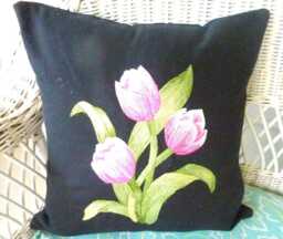 Embroidered Pink Tulip Pillow Cover Black Canvas Or Linen, Handmade - thumbnail 1