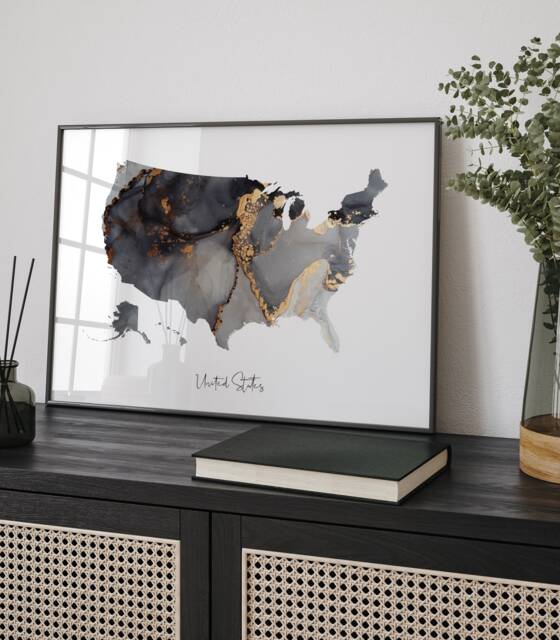 United States Map Black & Gold Wall Art Print [Ev] Usa America - image 1
