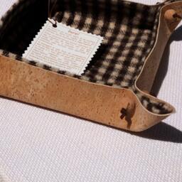 Cork Leather & Burel Catchall Pot Handmade in Portugal, Checkered Dark Brown & Ecru, Home Office Gift Idea Made With Cork Boiled Wool - thumbnail 1