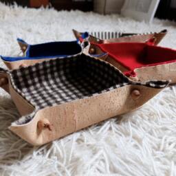 Cork Leather & Burel Catchall Pot Handmade in Portugal, Checkered Dark Brown & Ecru, Home Office Gift Idea Made With Cork Boiled Wool - thumbnail 3