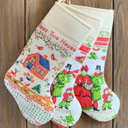 Vintage Linen Christmas Stocking - Farmhouse Cutter Quilt Feedsack - thumbnail 2