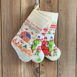 Vintage Linen Christmas Stocking - Farmhouse Cutter Quilt Feedsack - thumbnail 1