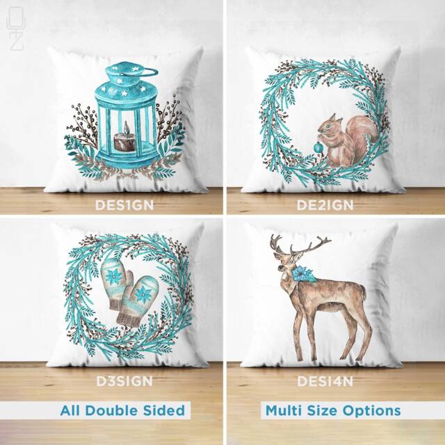 Light Blue Wreath Suede Christmas Cushions - Lantern, Squirrel, Glove & Reindeers Themes Double Sided Printed Soft With Multi-Sizes - image 1