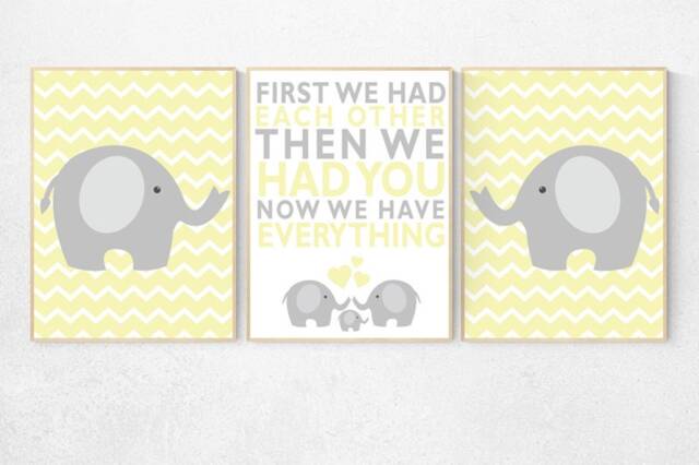 Elephant Nursery Art Print Yellow Gender Neutral Decor - image 1