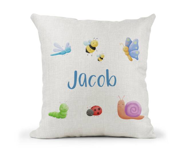 Personalised Insects Wildlife Childrens Cushion, Unisex , New Home Gift, Baby . Watercolour - image 1