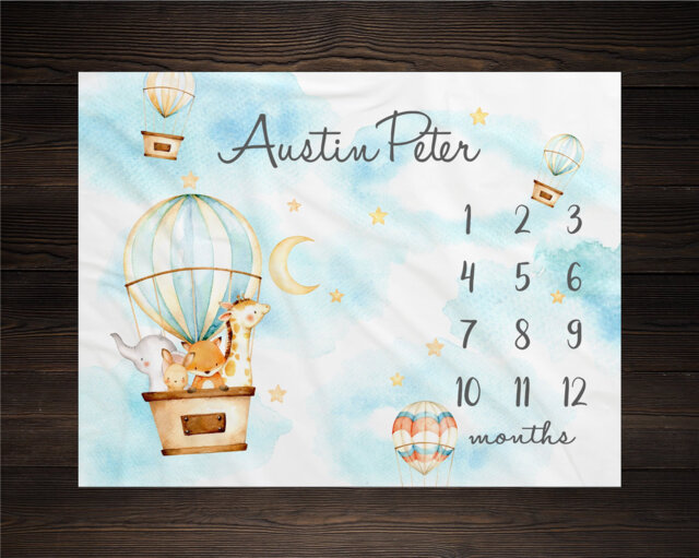Adventure Milestone Blanket Woodland Animals Baby Growth Hot Air Tracker Awaits Shower Gift For New Mom Fox Giraffe - image 1