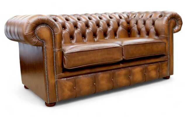 Lounge Sofa Living Room Real Leather 2 Seater Chesterfield Tan - image 1