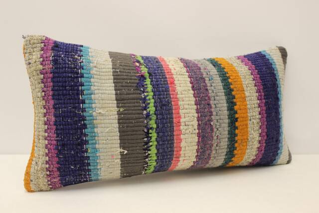 Vintage Turkish Kilim Pillow Cover, Wool Lumbar Cushion - 12x24 In - image 1