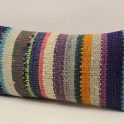 Vintage Turkish Kilim Pillow Cover, Wool Lumbar Cushion - 12x24 In - thumbnail 3