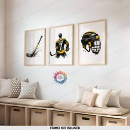 Personalised Hockey Art Set - 3 Yellow Prints - Boys Bedroom Decor Custom Poster Kids Room Artwork Print Wall Gift - thumbnail 1