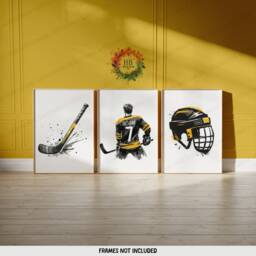 Personalised Hockey Art Set - 3 Yellow Prints - Boys Bedroom Decor Custom Poster Kids Room Artwork Print Wall Gift - thumbnail 2