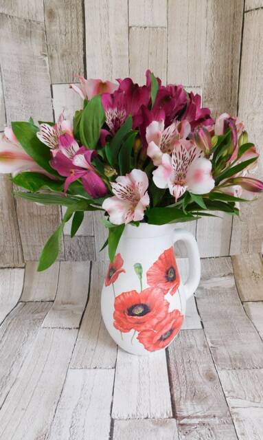 Decoupage Red Poppy Glass Jug Vase - White Chalk Paint Finish - image 1