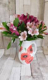 Decoupage Red Poppy Glass Jug Vase - White Chalk Paint Finish - thumbnail 1