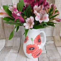 Decoupage Red Poppy Glass Jug Vase - White Chalk Paint Finish - thumbnail 3