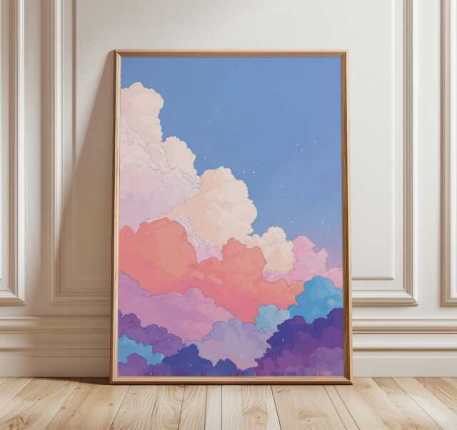 Anime Cloud Art Print, Pastel Sky Wall Decor, Lofi Poster, Vaporwave Pink Purple Print - image 1