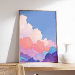 Anime Cloud Art Print, Pastel Sky Wall Decor, Lofi Poster, Vaporwave Pink Purple Print - thumbnail 2