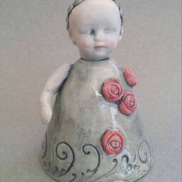 Ooak Ceramic Baby Doll Sculpture Mint Green Dress, Roses - thumbnail 2