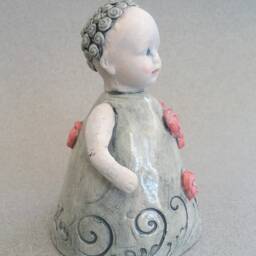 Ooak Ceramic Baby Doll Sculpture Mint Green Dress, Roses - thumbnail 3