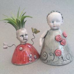 Ooak Ceramic Baby Doll Sculpture Mint Green Dress, Roses - thumbnail 4