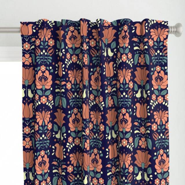 Sfaut15 Curtain Panel - Folk Art Ethnic Bird Hungarian Embroidery Matyo Heritage Custom Tulips Blue By Gomboc - image 1