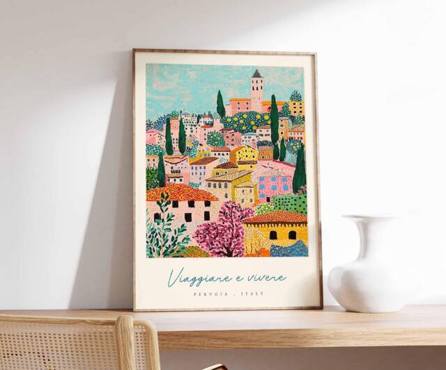 Perugia Italy Art Print Umbria Hilltop Travel Poster - image 1