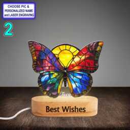 Personalized Colorful Butterfly Acrylic Night Light With Name Engraving, Beech Wood Led Lamp, Custom Laser Engraved Gift - thumbnail 2