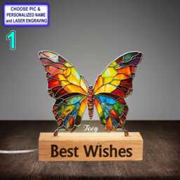 Personalized Colorful Butterfly Acrylic Night Light With Name Engraving, Beech Wood Led Lamp, Custom Laser Engraved Gift