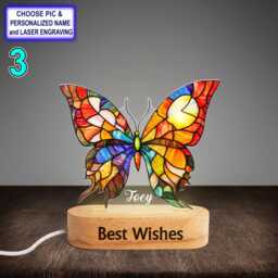 Personalized Colorful Butterfly Acrylic Night Light With Name Engraving, Beech Wood Led Lamp, Custom Laser Engraved Gift - thumbnail 3