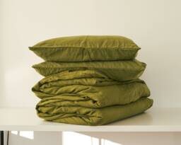 3 Piece Linen Bedding Set Moss Green Duvet & Pillow Covers