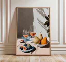 still Life Wall Art Print, Modern Impressionist Painting, Wine & Fruit Poster, Contemporary Kitchen Decor, Elegant Dining Artwork - thumbnail 1