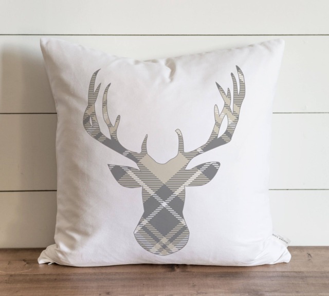 Gray & Cream Plaid Deer 20 X Pillow Cover // Christmas Holiday Winter Throw Gift Accent - image 1