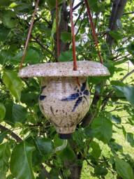 stoneware Pottery Hummingbird Feeder With Leather Hanger