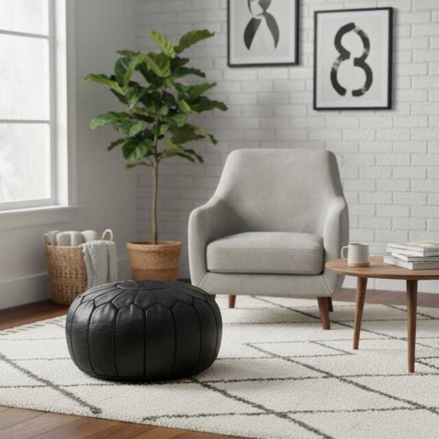 Next Day Delivery Prefilled Black Leather Moroccan Pouf Ottoman Home Gift - Next Day Delivery - image 1