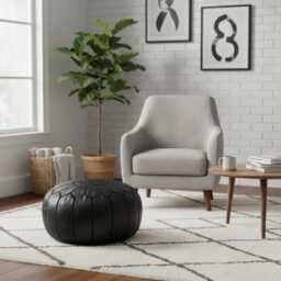 Next Day Delivery Prefilled Black Leather Moroccan Pouf Ottoman Home Decor
