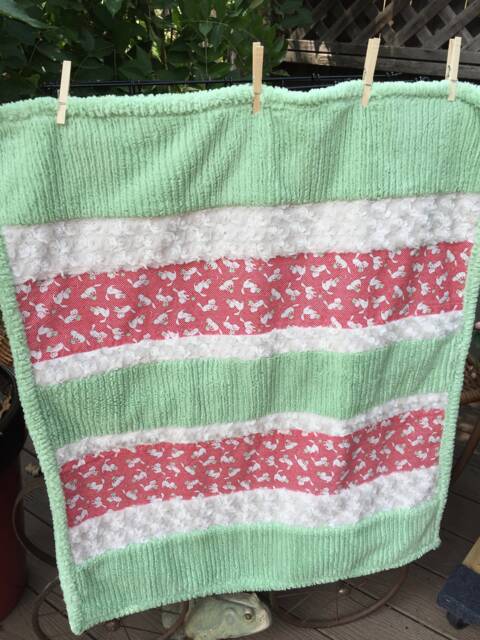 Handmade Modern Baby Minky Blanket Green & Red Playful Kittens Print - image 1